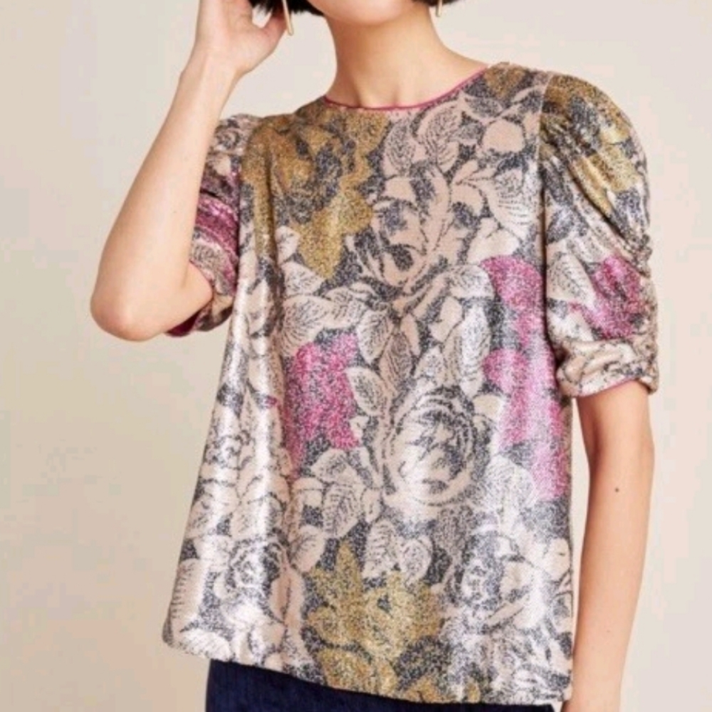 By Anthropologie Marie Sequin Floral Blouse Ruched Puff Sleeves Pink Tan Glam 2